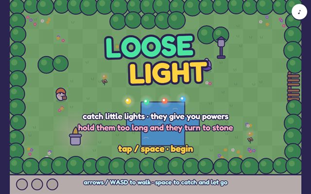 Loose Light title screen: a small traveller in a garden with four glowing lights