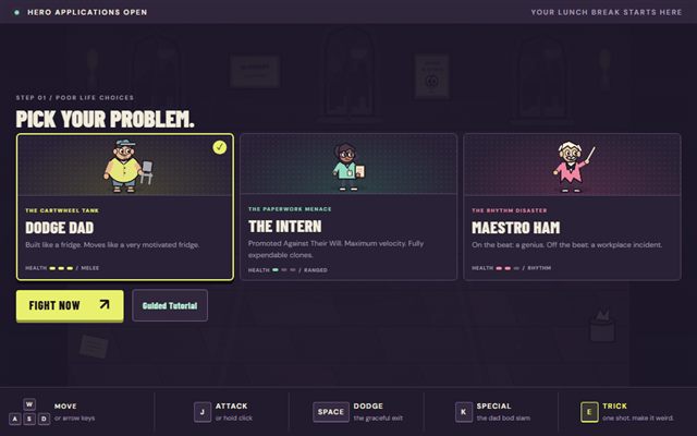 Tower of Questionable Appetites: pick one of three heroes — Dodge Dad, The Intern, Maestro Ham